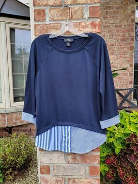 AGB Navy Layered-Look Top with Blue And White-Striped Hem